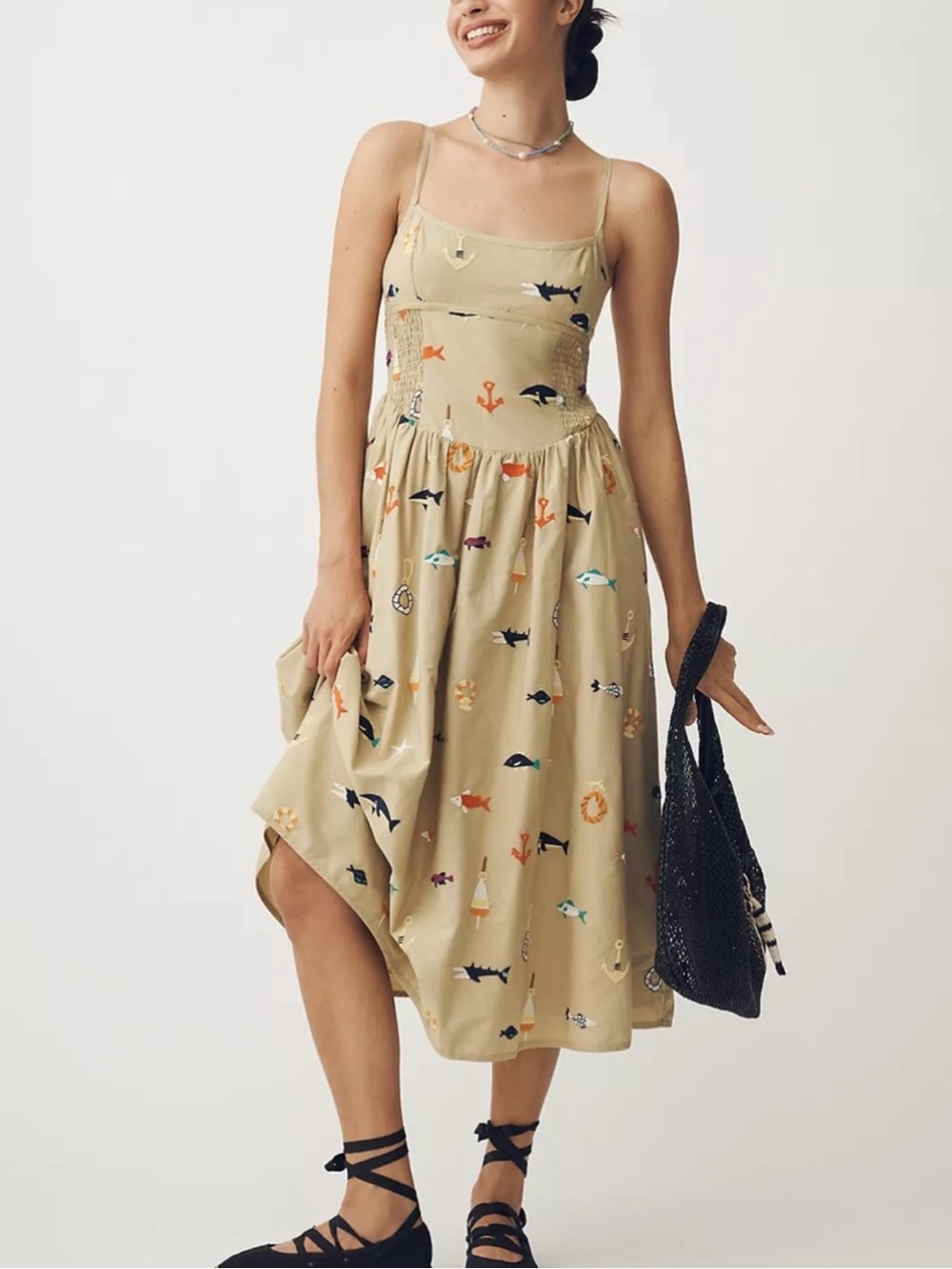 Maeve Anthropologie Nautical Embroidered Midi Dress Tan Smocked Small Petite